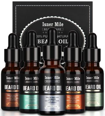 ISNER MILE 5 Pack Beard Oil Set Leave in Conditioner, Cedarwood Sandalwood Sage Sweet Orange, Mustaches Soften Moisturizing, Valentines Day Gifts for Him Husband, Gifts for Men Dad Father Boyfriend