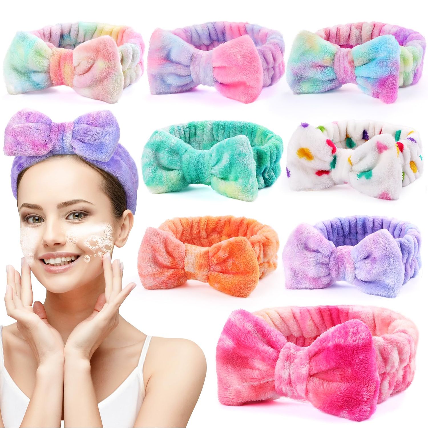 UMIKU 8 Pack Women&#39;s Soft Coral Fleece Headbands - Makeup Headwraps with Bow, Head Wraps for Facial Washing, Skincare, and Spa Gifts or Party Favors