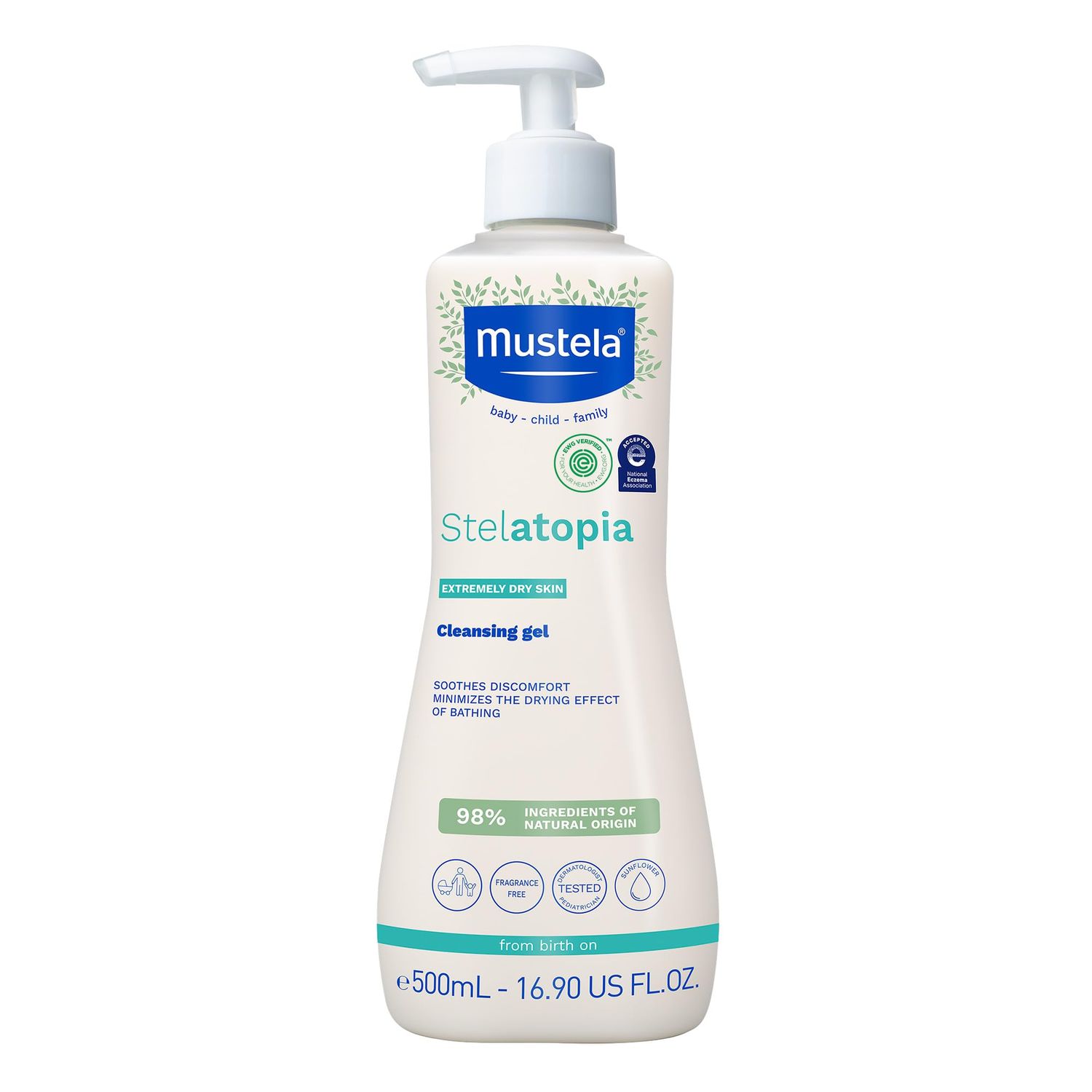 Mustela Stelatopia Eczema-Prone Skin Cleansing Gel - Baby Face &amp; Body Wash with Natural Avocado &amp; Sunflower Oil - Fragrance-Free &amp; Tear Free - 16.9 fl. oz.