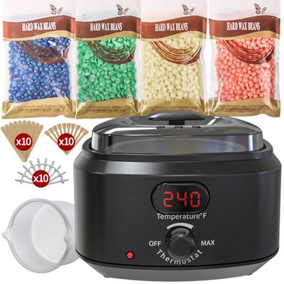 IYINIYI Waxing Kit for Women Men, Digital Wax Kit with Silicone Bowl &amp; 4 Bags Hard Wax Beads, Portable Wax Warmer for Sensitive Skin Full Body Hair Removal, Brazilian Bikini, Eyebrow, Face (Black)