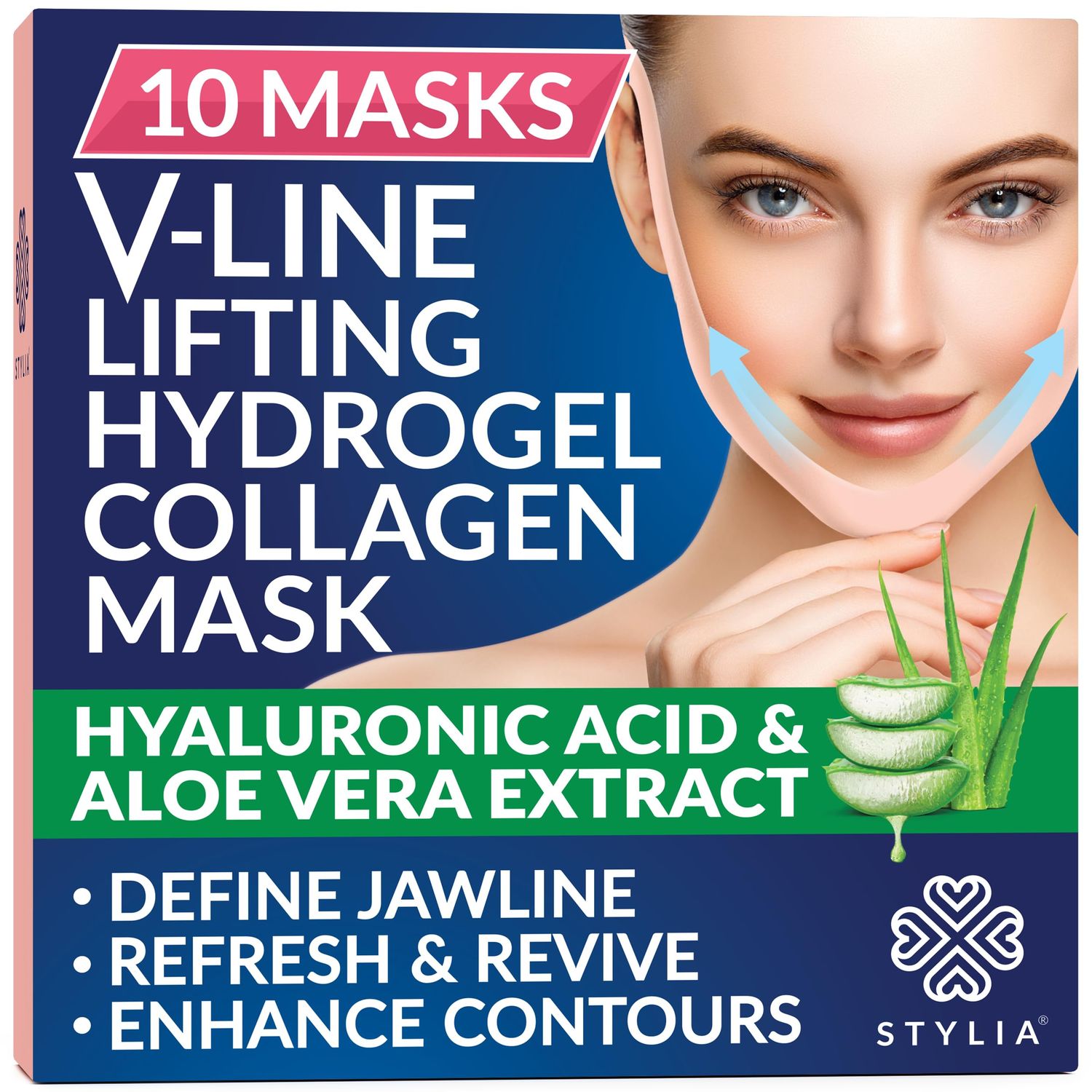 Stylia Double Chin Mask - V Line Chin Strap - Lifting Collagen Face Mask with Hyaluronic Acid &amp; Aloe Vera - Face Lift Tape Jawline Shaper - Self Care Gifts for Women - Face Masks Skincare - 10PC