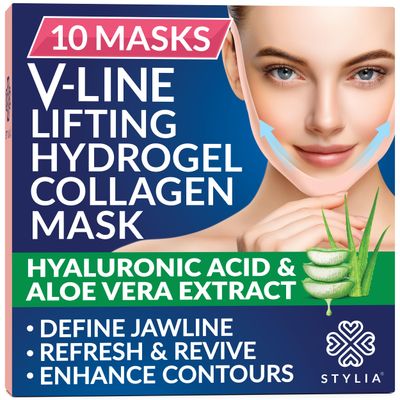 Stylia Double Chin Mask - V Line Chin Strap - Lifting Collagen Face Mask with Hyaluronic Acid &amp; Aloe Vera - Face Lift Tape Jawline Shaper - Self Care Gifts for Women - Face Masks Skincare - 10PC