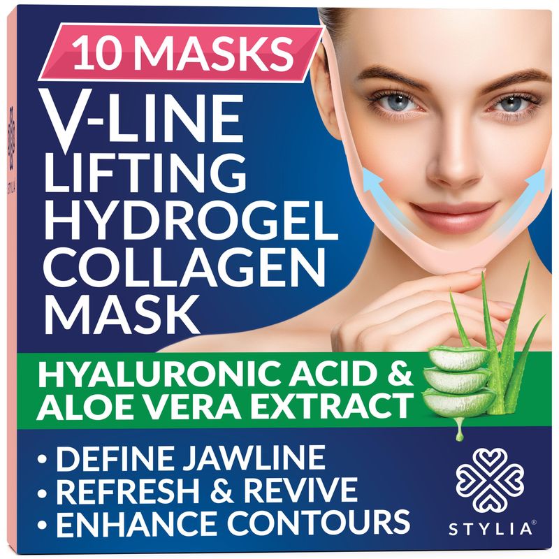 Stylia Double Chin Mask - V Line Chin Strap - Lifting Collagen Face Mask with Hyaluronic Acid &amp; Aloe Vera - Face Lift Tape Jawline Shaper - Self Care Gifts for Women - Face Masks Skincare - 10PC