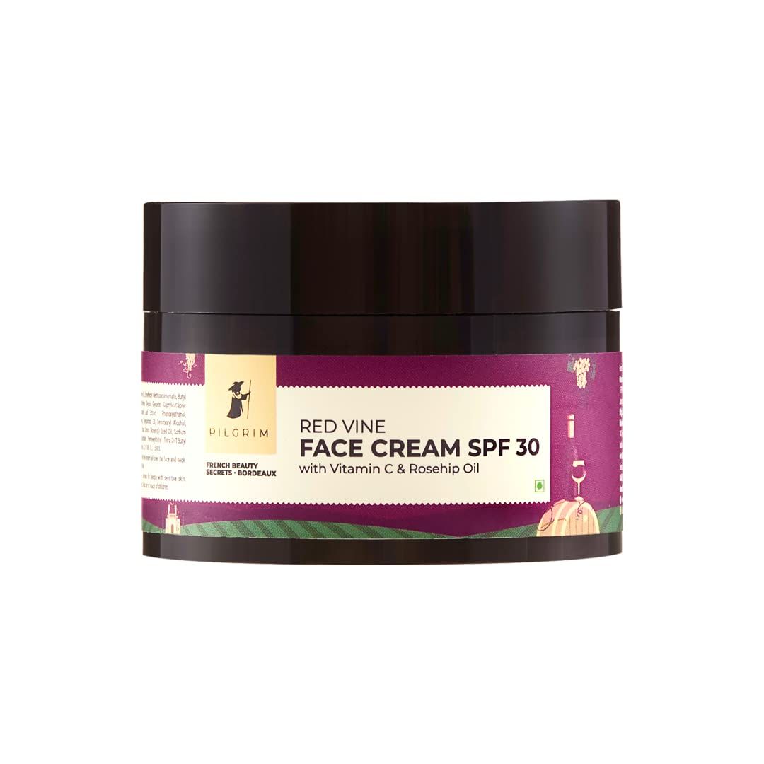 Pilgrim Red Vine Vitamin C Face Cream SPF 30 | with Rosehip Oil (PA+++) | Anti Aging Facial Cream | Fights Wrinkle &amp; Even Tone Skin | Provides Long Lasting Sun Protection | 1.76 Oz (50gm)