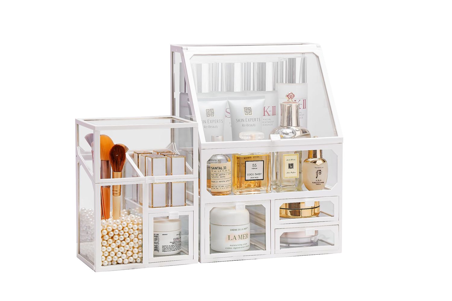 MOOCHI White 3 Pieces Makeup Organizers, glass, Skin Care Organizer, Drawers,Brush Organizer,Countertop Cosmetics Storage Display Case