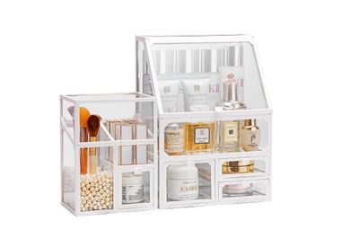 MOOCHI White 3 Pieces Makeup Organizers, glass, Skin Care Organizer, Drawers,Brush Organizer,Countertop Cosmetics Storage Display Case