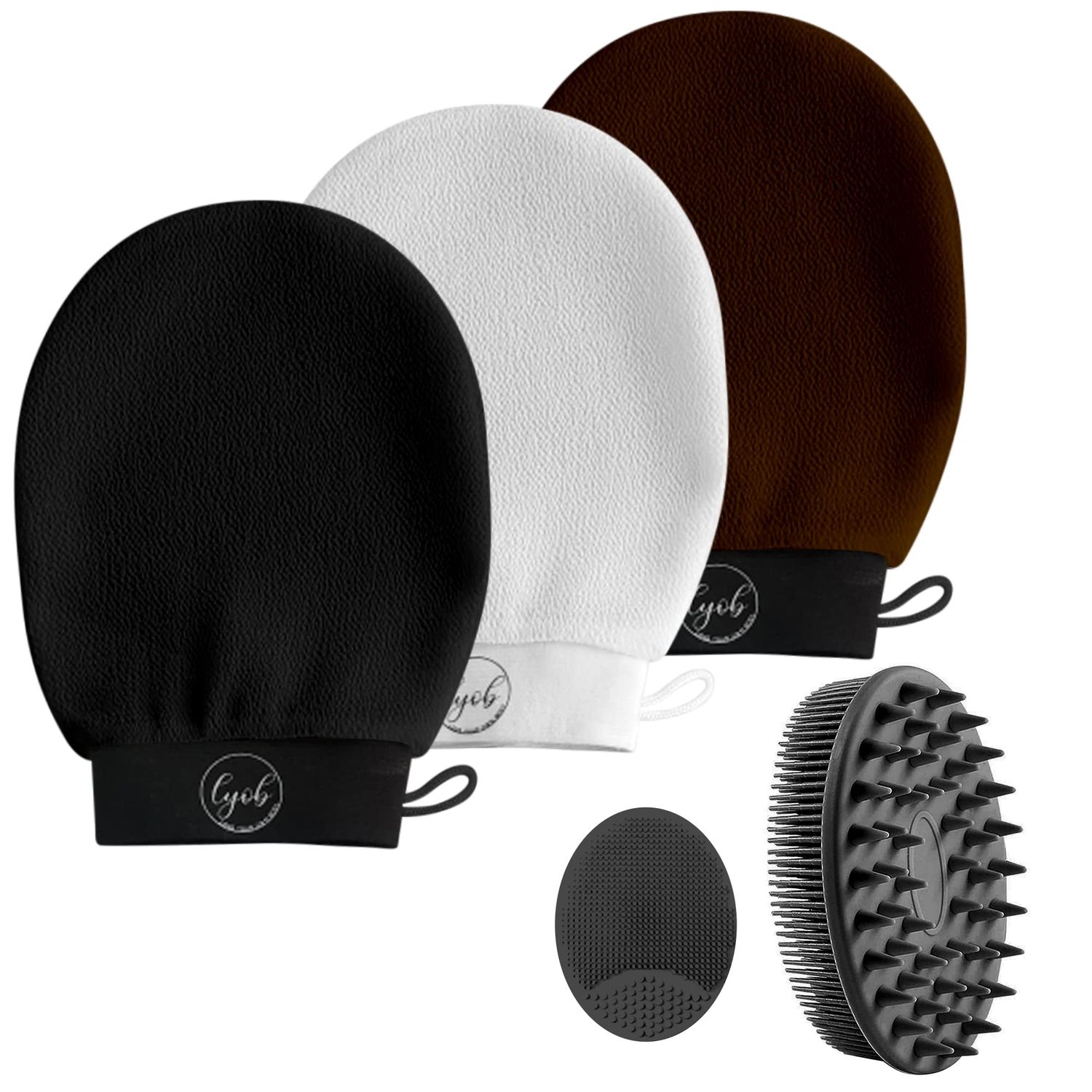 LYOB 5-in-1 Bath Exfoliation Set with 1-Silicone Body Scrubber, 1- Silicone Face Scrubber, and 3-Viscose Exfoliating Gloves for Skin Care, Back Scratcher, Body Scrub and Exfoliating Glove (Black Set)
