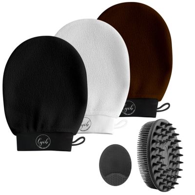 LYOB 5-in-1 Bath Exfoliation Set with 1-Silicone Body Scrubber, 1- Silicone Face Scrubber, and 3-Viscose Exfoliating Gloves for Skin Care, Back Scratcher, Body Scrub and Exfoliating Glove (Black Set)