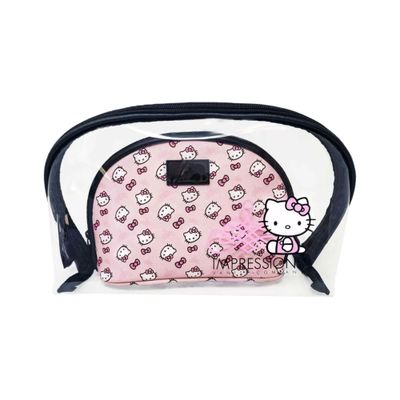 Impressions Vanity Hello Kitty 2 PCs Nested Clutch Purses for Women, Water Resistant Zippered Travel Makeup Clutch Bag for Holding Make Up Brush, Toiletry, and Skincare Accessories (Pink)