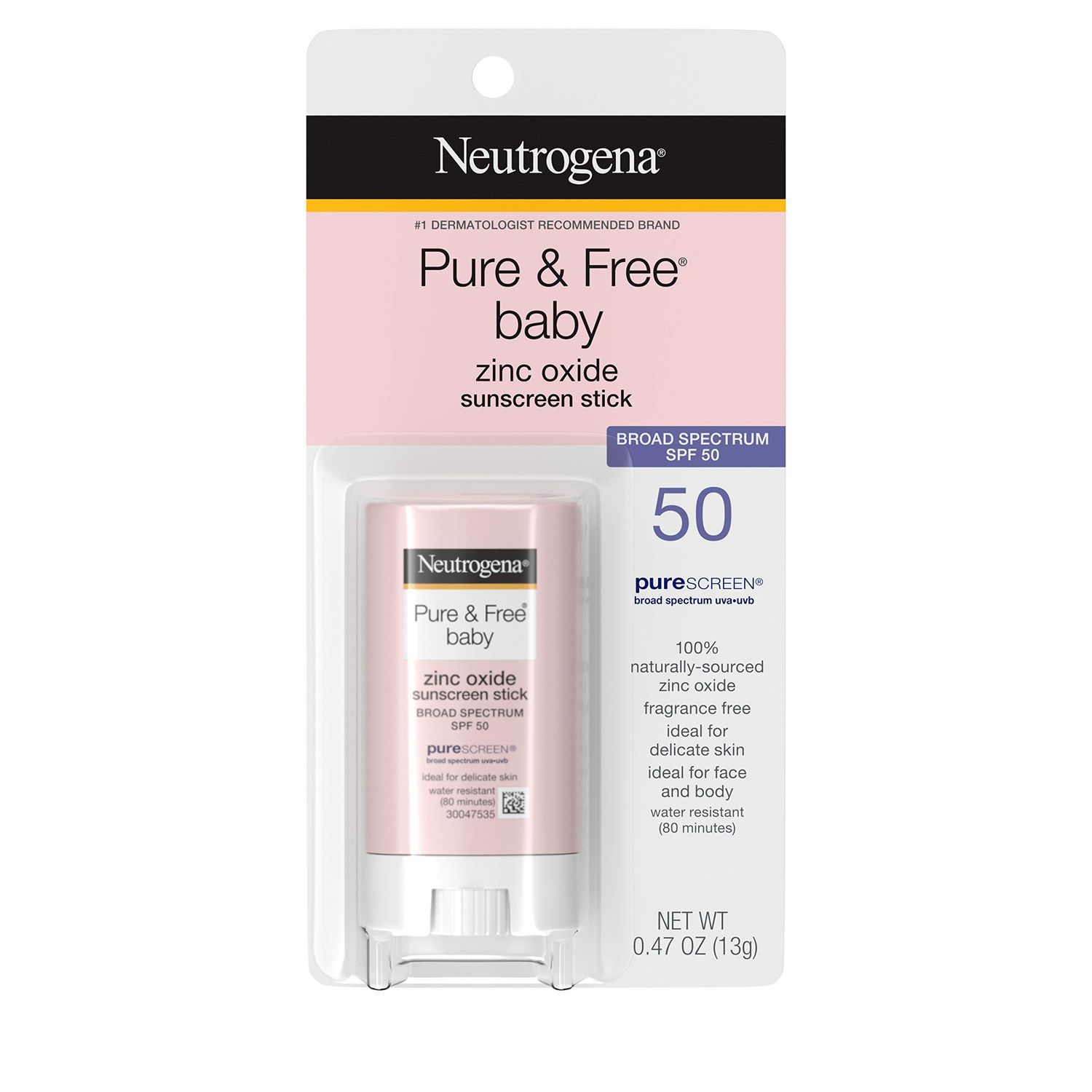 Neutrogena Pure &amp; Free Baby Mineral Sunscreen Stick with Broad Spectrum SPF 50 &amp; Zinc Oxide, Water-Resistant, Hypoallergenic, Paraben-, Dye- &amp; PABA-Free Baby Face &amp; Body Sunscreen, 0.47 oz