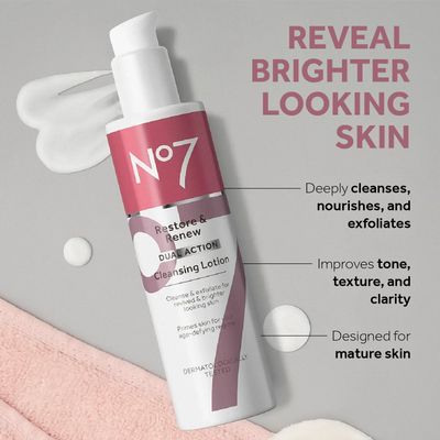 No7 Restore &amp; Renew Dual Action Cleansing Lotion - Facial Cleanser &amp; Exfoliant with Alpha Hydroxy Acid - Cleansing Lotion Makeup Remover for Anti-Aging