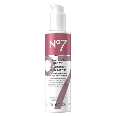No7 Restore &amp; Renew Dual Action Cleansing Lotion - Facial Cleanser &amp; Exfoliant with Alpha Hydroxy Acid - Cleansing Lotion Makeup Remover for Anti-Aging