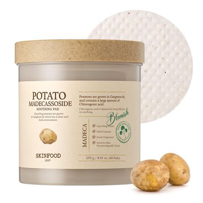 SKINFOOD Potato Madecassoside Soothing Toner Pad, Korean Skincare Facial Toner, Blemish Pads, Damaged Skin Barrier Improvement, Redness Relief, 8.81 oz (60 Pads)