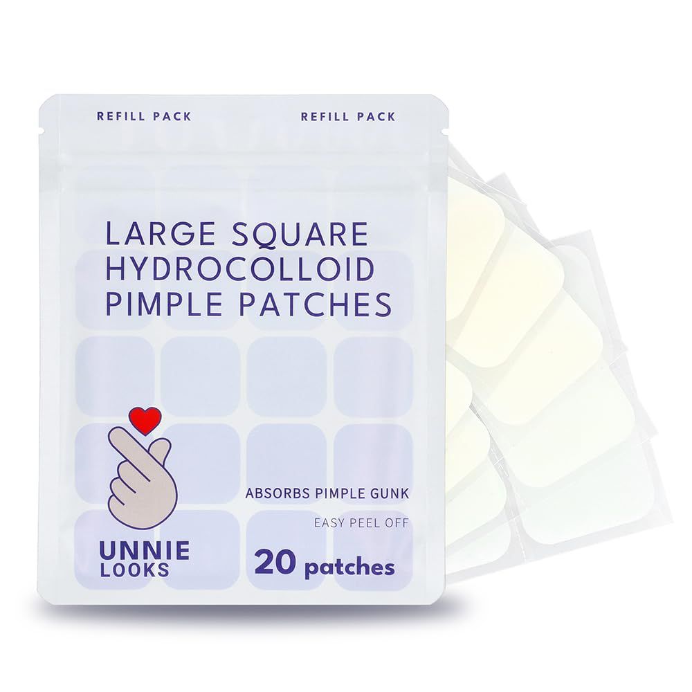 UNNIE SKIN Large Square Acne Pimple Patch Value Pack - Hydrocolloid &amp; Salicyclic acid for clearing pimples, zits, blemishes for face and skin (20 Patches Included, 30 Days Supply)