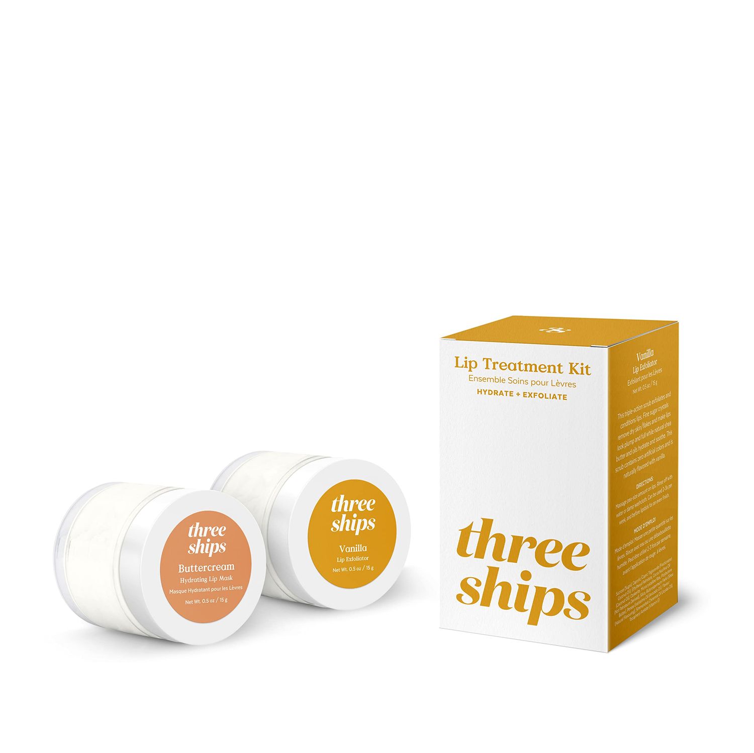 Three Ships Lip Treatment Kit - Buttercream Hydrating Lip Mask and Vanilla Lip Exfoliator - Soothing Natural Lip Care for Dry, Damaged Lips - As Seen on Dragons Den, 2 x 15g