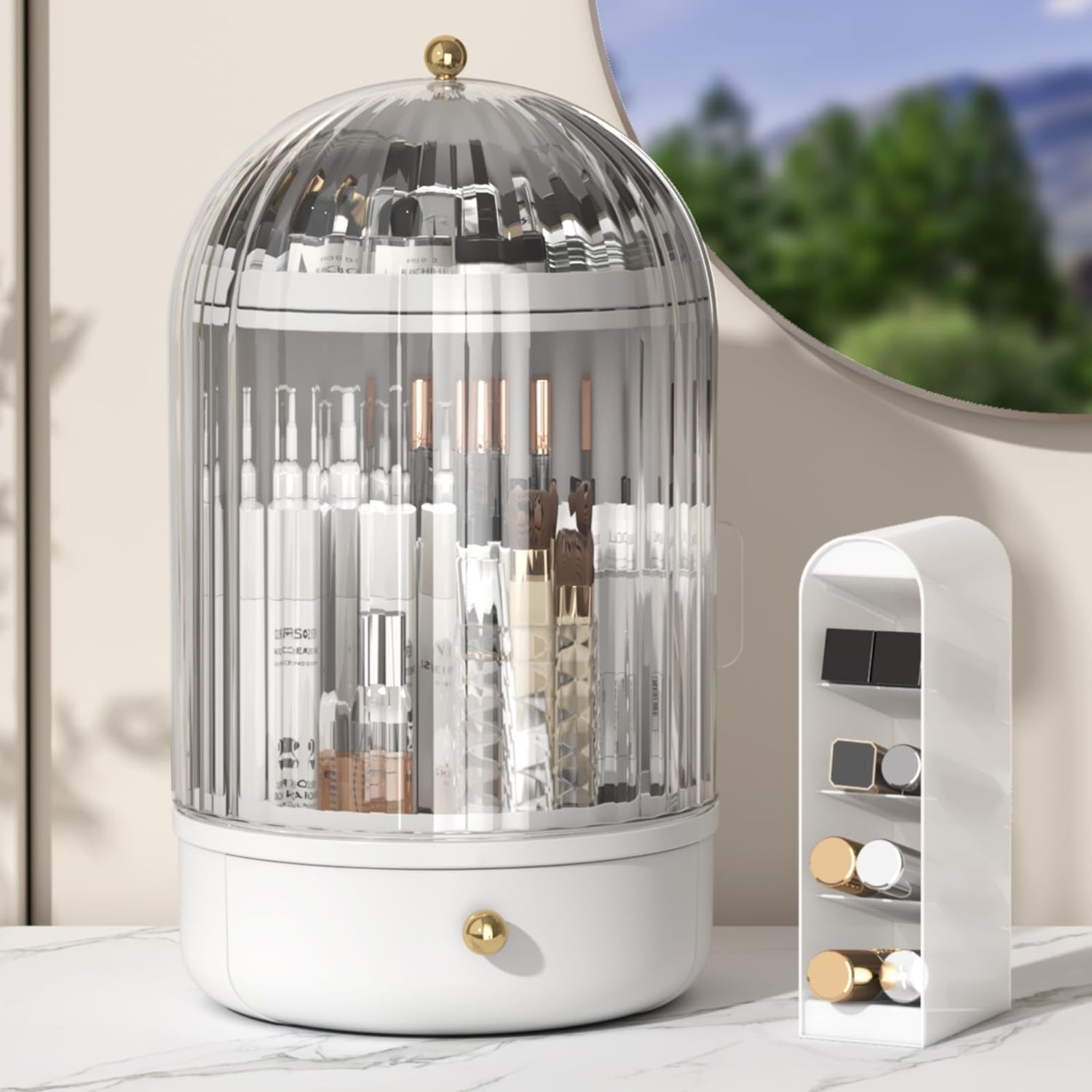 Skincare Organizers with Lids, 360 Rotating Makeup Storage Organizer with Lipstick Holder,Cosmetics Skincare Organizers with Lid and Drawer Cosmetic Display Cases for Countertop (Clear)