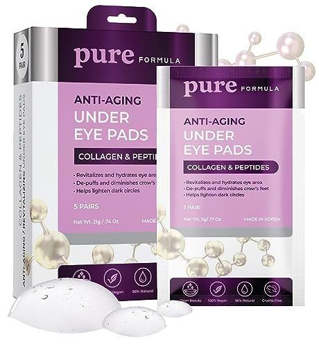 Pure Formula Collagen and Peptides Under Eye Patches - Reduces Puffiness &amp; Dark Circles, Firming &amp; Anti-aging Under Eye Pads - Cruelty Free Korean Skin Care For All Skin Types - 5 Pairs