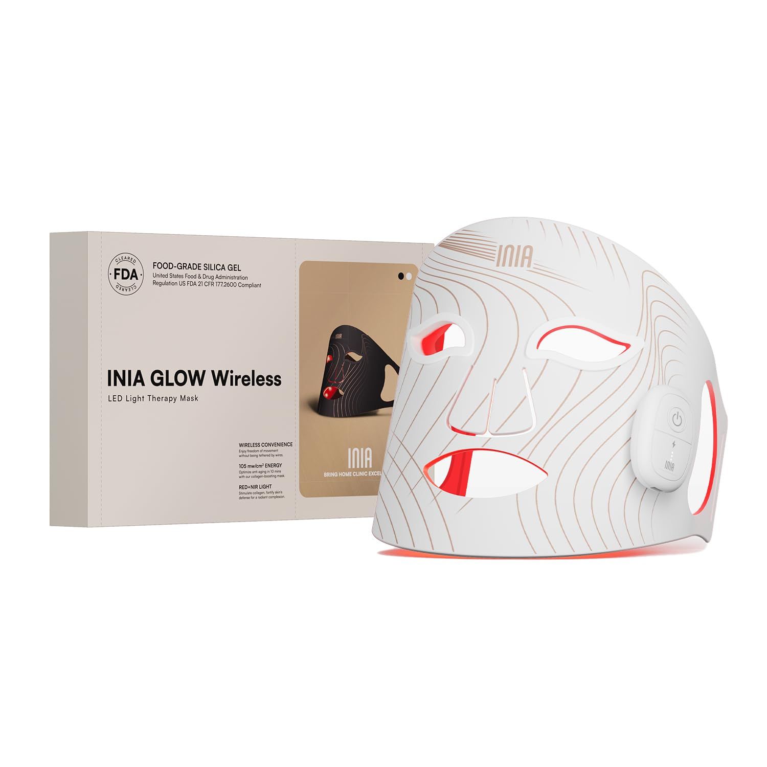 INIA Red Light Therapy for Face, Glow Wireless LED Face Mask Light Therapy with Near-Infrared Red Light (NIR), Rechargeable and Ergonomic Design for Home &amp; Travel(White)