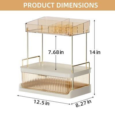YCIA&DONE 2 Tiers Bathroom Counter Organizer with Drawer,Large Capacity Vanity Organizer,Multi Makeup Organizer Countertop,Perfume Organizer,Skincare Organizers (Amber Gold)