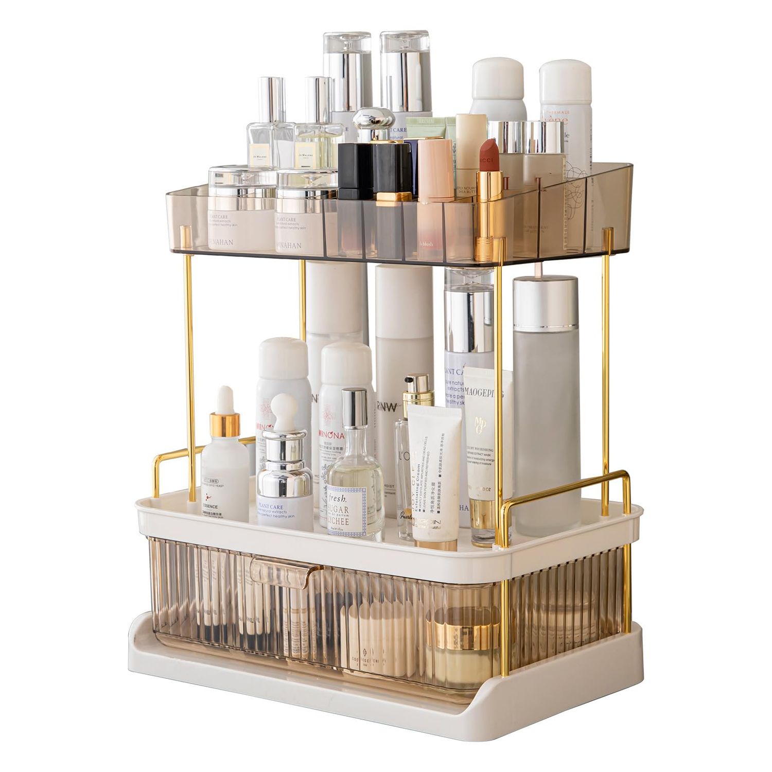YCIA&amp;DONE 2 Tiers Bathroom Counter Organizer with Drawer,Large Capacity Vanity Organizer,Multi Makeup Organizer Countertop,Perfume Organizer,Skincare Organizers (Amber Gold)