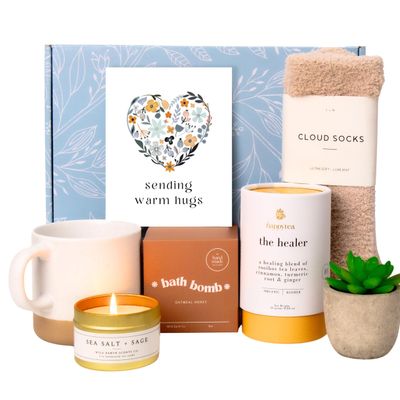 Unboxme Luxe Get Well Soon Gift Box for Women | Organic Self Care Package with Bath Bomb, FLuffy Socks, Mug, Lemon Ginger Tea Set, Candle &amp; Warm Hugs Card | Feel Better Basket