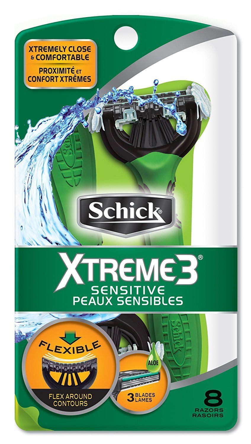 Schick Xtreme 3 Blade Sensitive Skin Disposable Razor for Men, Pack of 8
