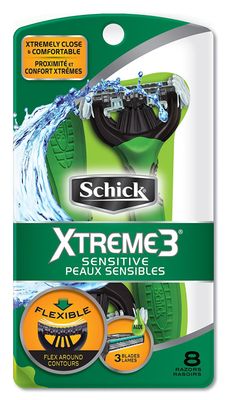 Schick Xtreme 3 Blade Sensitive Skin Disposable Razor for Men, Pack of 8