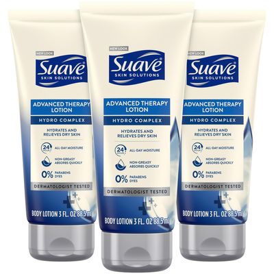 Suave Lotion, Advanced Therapy - Hand &amp; Body Lotion, Travel-Size Lotion for Extremely Dry Skin, Moisturizing Cream for Beautiful, Soft Skin, 24H Moisture, 3 Oz (Pack of 3)