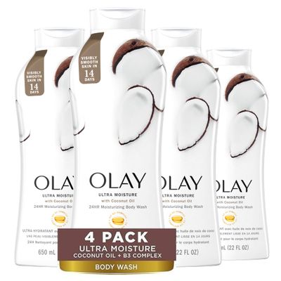 Olay Ultra Moisture Body Wash for Women, 24hr Moisturizing for Smooth &amp; Healthy Skin, Coconut Oil Scent, 22 oz (Pack of 4)