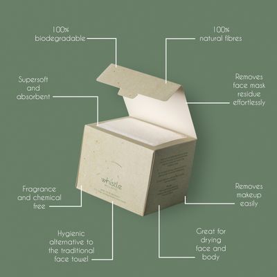 Whistle Wellness Disposable Face Towel 10"12", Resealable Box, Biobased Plant Based Ultra Soft, Thickness Face Towelettes XL, Makeup Remover Dry Wipes for Sensitive Skin, 50 Count (1 Pack)