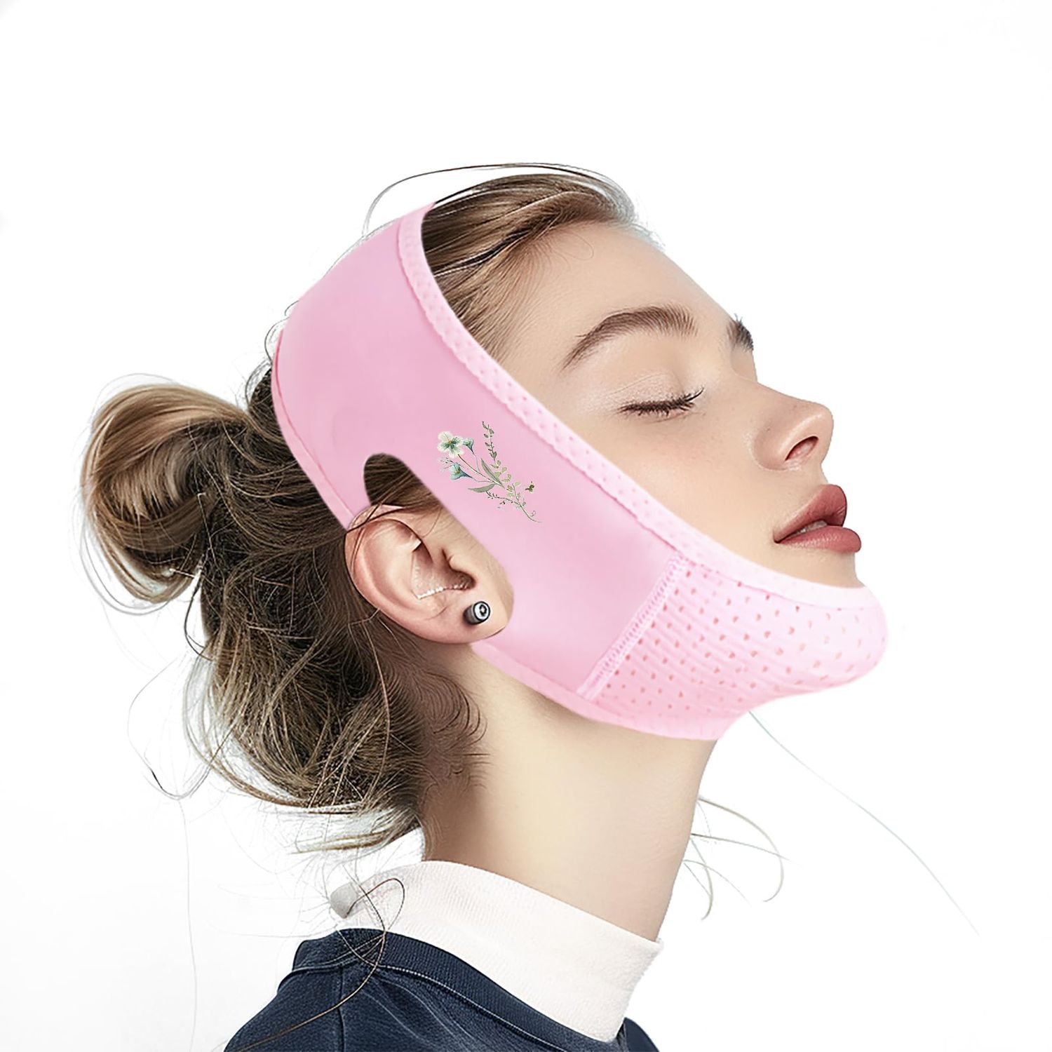 Yuibthr Chin Strap for Sleeping, Elegant Floral V Line Lifting Mask, Reusable Face Strap, Jaw Exerciser (pink)