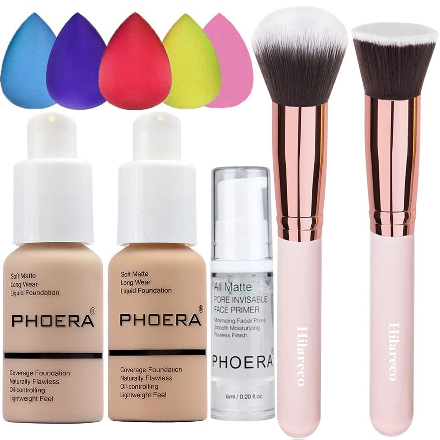 PHOERA Foundation 102 and 104 &amp; Face Primer,Liquid Full Coverage Foundation Set,Foundation Brush Powder Brush,5 Makeup Sponge,30ml PHOERA 24HR Matte Oil Control Concealer (102 Nude + 104 Buff Beige)