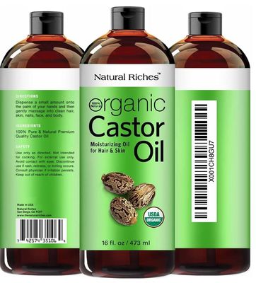 Natural Riches Organic Castor Oil - Cold Pressed, USDA Certified for Hair Growth, Thicker Eyelashes, Eyebrows - Moisturizes Dry Skin and Hair, Helps with Dandruff - Hexane-Free, 16 fl. oz.