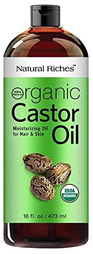 Natural Riches Organic Castor Oil - Cold Pressed, USDA Certified for Hair Growth, Thicker Eyelashes, Eyebrows - Moisturizes Dry Skin and Hair, Helps with Dandruff - Hexane-Free, 16 fl. oz.