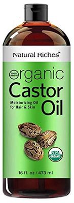 Natural Riches Organic Castor Oil - Cold Pressed, USDA Certified for Hair Growth, Thicker Eyelashes, Eyebrows - Moisturizes Dry Skin and Hair, Helps with Dandruff - Hexane-Free, 16 fl. oz.
