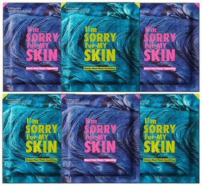 I&#39;M SORRY FOR MY SKIN Bentonite Clay Mud Sheet Masks Set, Korean Skin Care, Exfoliating Face Masks with Volcanic Ash, Sebum Control, Pore Minimizer, Tightening, Soothing (Black 3pcs &amp; Green 3pcs)