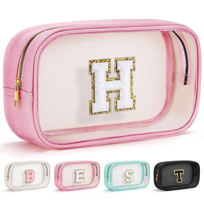 YOOLIFE Travel Toiletry Bag for Women, Pink Clear Makeup Bag Cute Make Up Bag for Women Cosmetic Bags Skin Care Makeup Bag Organizer Birthday Gifts for Women Teacher Mother Girlfriend Initial H