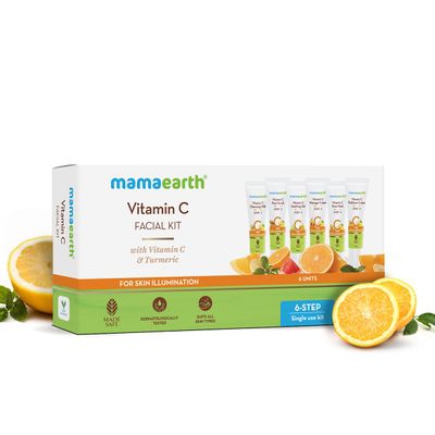 Mamaearth Vitamin C Single Use Facial Kit | Skin Illumination in Just 6-Steps | Includes Cleanser, Scrub, Gel, Massage Creams &amp; Face Pack | Gives Long Lasting Glow | 2.12 Oz/60g