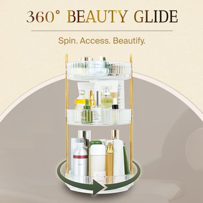 LuxMethod 360-Degree Rotating Makeup Organizer, Cosmetic Storage Display Case for Bathroom Vanity Countertop, Skincare and Perfume Storage Organizers, Jewelry Dresser Organizer, 3-Tier, Clear