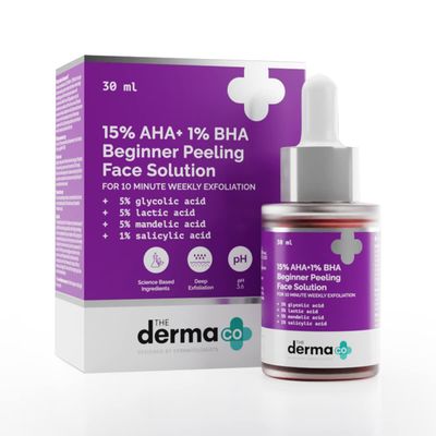 The Derma Co 15% AHA + 1% BHA Beginner Facial Exfoliant | Helps Clear Clogged Pores, Acne Marks &amp; Wrinkles | 10 Min Deep Exfoliation | 1.01 Fl Oz/30ml