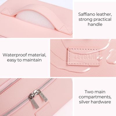 ZEVGANI Vanity Case, Leather Makeup Bag with Mirror, Large Travel Make up Cosmetic Organizer Dual Compartments Brush Holder &amp; Removable Divider for Full-Size Toiletries Skincare, Pink