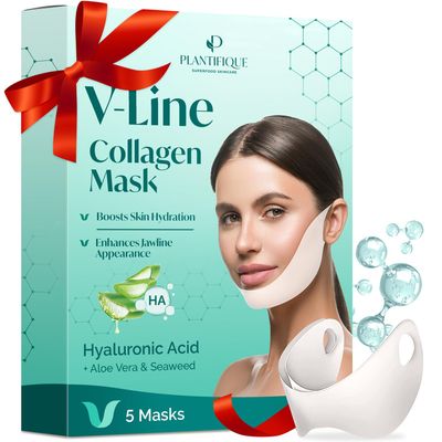 PLANTIFIQUE V-Line Collagen Mask for face 5 PCS, Chin Strap for Women &amp; Men, V Line Lifting Mask with Collagen and Hyaluronic Acid, V Shape Face Tape Chin and Neck Mask for Skin Firming