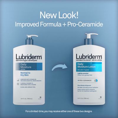 Lubriderm Daily Moisture Lotion + Pro-Ceramide with Shea Butter and Glycerin Helps Moisturize Dry Skin, Hydrating Face, Hand and Body Lotion, Lightly Scented, Non-Greasy, 24 FL OZ
