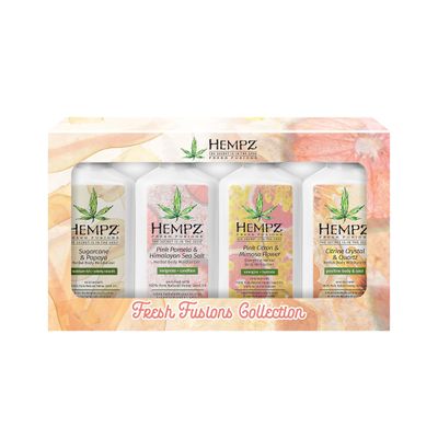 Hempz Fresh Fusion (2.25 Oz 4 Pack) Sugar Cane &amp; Papaya, Pink Pomelo &amp; Himalayan Sea Salt, Pink Citron &amp; Mimosa Flower, Citrine Crystal &amp; Quartz Moisturizer - Mini Travel Lotion for Women or Men