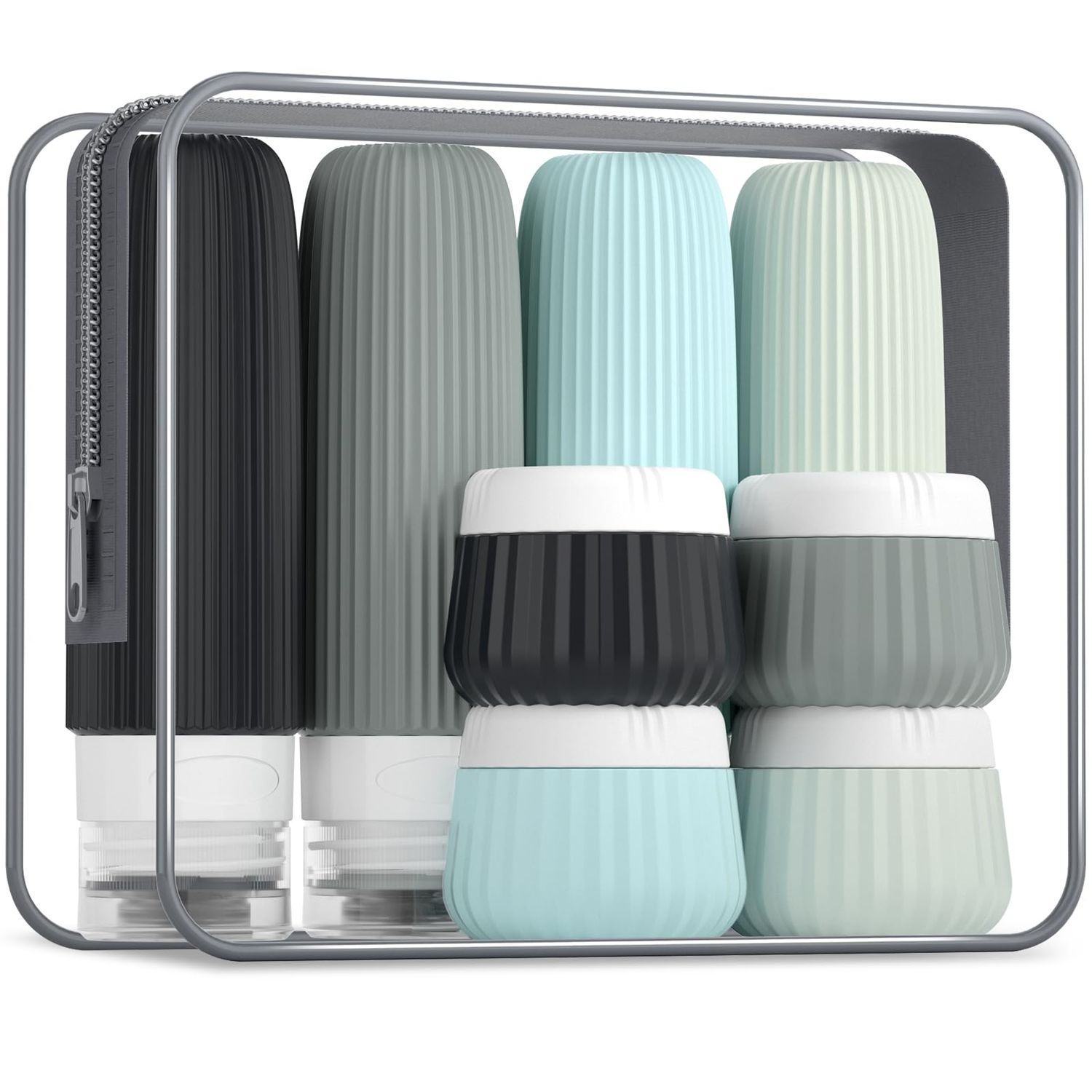 Mrsdry Travel Bottles for Toiletries 8 Pack, Tsa Approved Travel Size Toiletries 3 oz, Travel Containers for Toiletries, with Clear Bag, Leak Proof Silicone Squeezable Travel Essentials Creams Jars