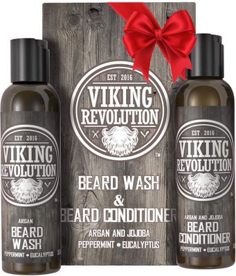 Viking Revolution Beard Care Set with Argan &amp; Jojoba Oils - Softens, Smooths &amp; Nourishes Facial Hair Growth - Peppermint and Eucalyptus Scented Wash &amp; Conditioner (5 oz)