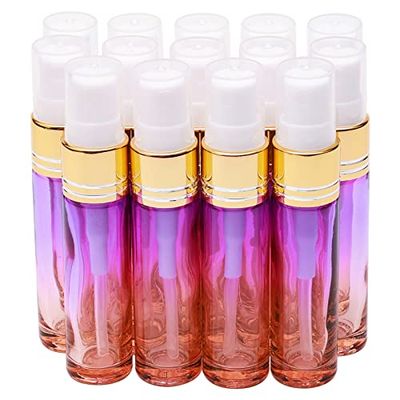 Newzoll 14Pcs 10ml (1/3 oz) Purple Orange Gradient Color Spray Bottles Glass Vials Tube Perfume Atomizer Refillable Makeup Travel Fine Mist Sprayer Bottle Containers for Cosmetic Skincare, Gold Cap