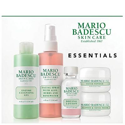 Mario Badescu Essentials 5 Piece Kit, Skincare Gift Set With Drying Lotion, Rose Water Facial Spray, Silver Powder, Enzyme Cleansing Gel and Flower &amp; Tonic Mask