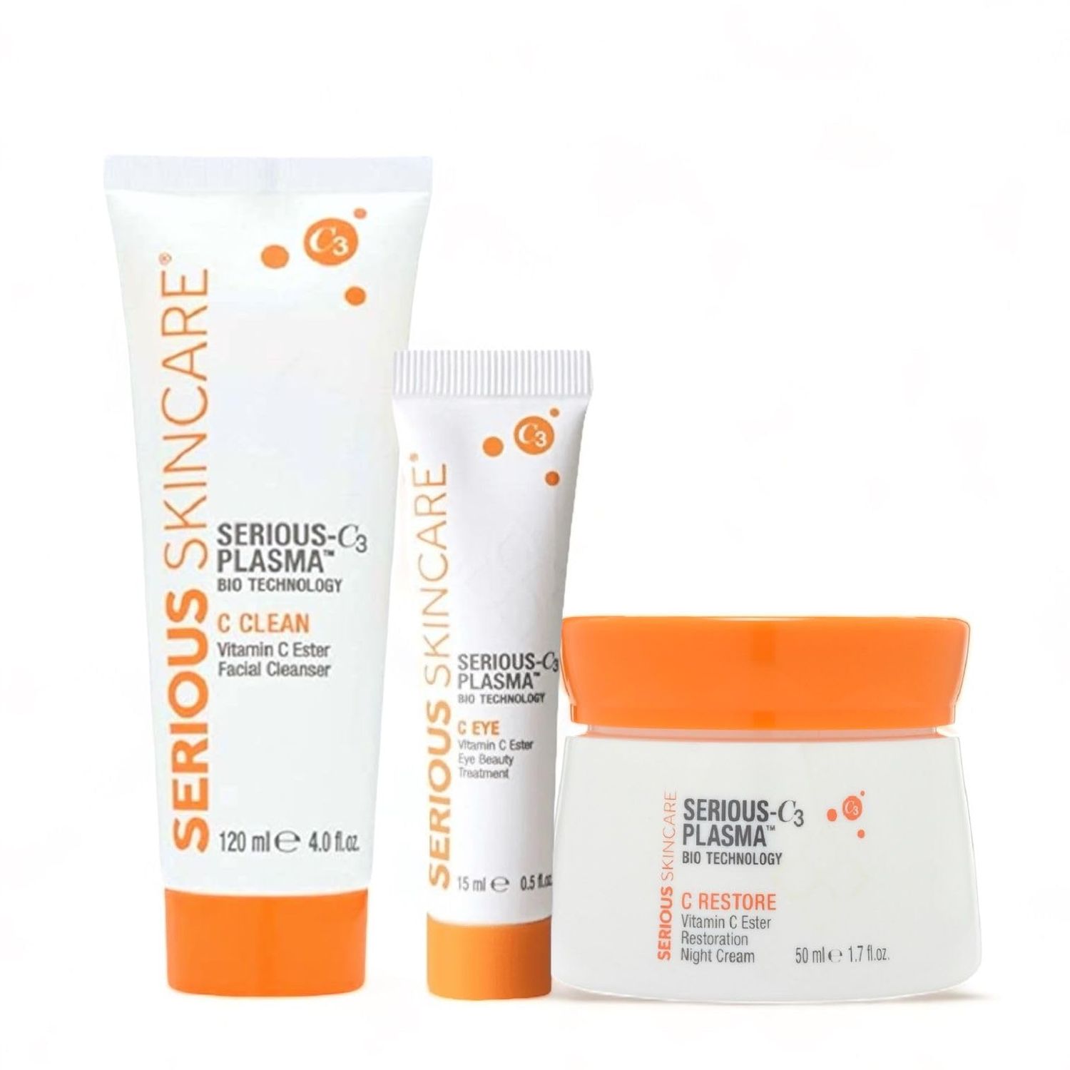 Serious Skincare - C3 Vitamin C Night Skin Care Set - C-Restore Night Cream Moisturizer, C Eye Treatment &amp; C Clean Face Cleanser - Hydrolyzed Collagen - Deep Hydration for Mature Dry Skin (3pack)