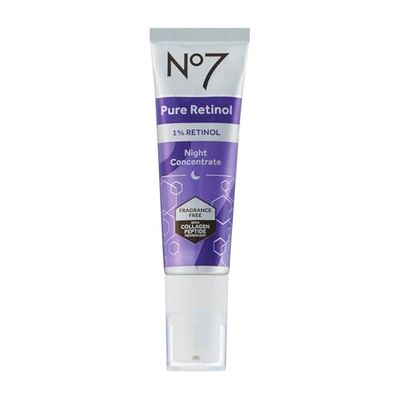 No7 Pure Retinol 1% Retinol Night Concentrate - Anti Wrinkle Retinol Serum with Collagen Peptides &amp; Niacinamide for Younger Looking Skin - Retinol Face Serum for Fine Lines &amp; Wrinkles (30ml)
